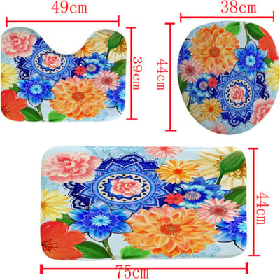 3-delige set badmatten in bohemian stijl antislip wasbare badkamermatten set 3D digitaal printen waterdicht en schimmelbestendig badkamermatten voor toilet - Bohemian flower-blue - 75*45