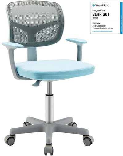 COSTWAY 360° draaibare kinderbureaustoel, 80-91,5 cm, in hoogte verstelbare jeugdstoel met rugleuning en armleuningen, computerstoel met 5 wielen voor kinderen van 3 tot 10 jaar oud, blauw