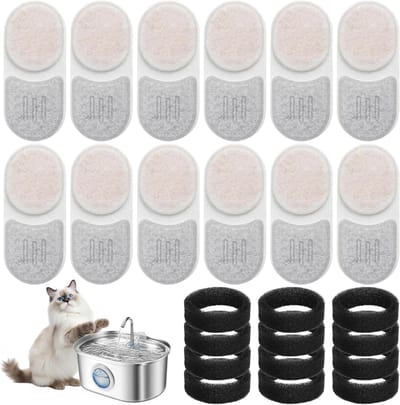 12 Pack Vervangingsfilters en Sponzen voor Kattenfontein, Actieve Koolstof en 4-traps Filtratie voor Huisdieren en Waterdispenser