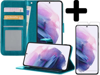 Hoesje - Met Screenprotector - Geschikt voor Samsung Galaxy S21 - Luxe Pasjeshouder - Bookcase Portemonee - Flip Case - Kunstleer Book Case - Flipcase - Book Cover - Walletcase - Portemonneehoes - Telefoonhoesjes - Turquoise