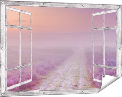 Gards Tuinposter Doorkijk Pad in de Weide tijdens de Mist - 120x80 cm - Tuindoek - Tuindecoratie - Wanddecoratie buiten - Tuinschilderij