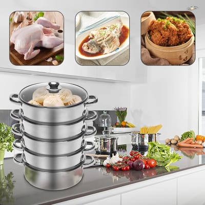 Mygroot - Stalen Stoompot – Stoompan – Stoomkokers – Stoomkoker Baby – Stoom Koker – met Pan – 6-Delig - Zilver