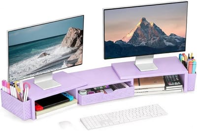 Spacrea Bureauorganisatoren en accessoires, dubbele monitorstandaard met lade en 2 penhouders, bureauaccessoires en werkruimtebureauorganizers voor kantoorbenodigdheden (paars)
