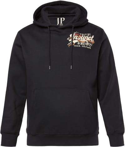 JP 1880 - Heren - Hoodie borstprint capuchon kangoeroezak - Zwart - Maat 3XL