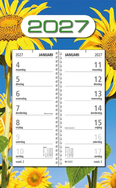 MGPcards - Omlegweek kalender 2027 - Week begint op maandag - Omslag kalender - 21 x 34 cm - Zonnebloem