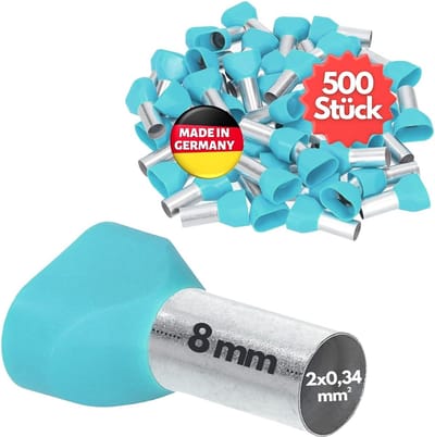 500 stuks Kalitec AET03408TK dubbele adereindhulzen geïsoleerd 2x0,34mm² 8mm lang turquoise I Made in Germany I Industriële kwaliteit