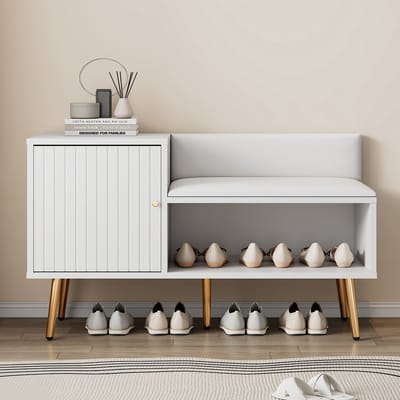 Sweiko Moderne luxe schoenenkast in wit met opbergruimte, gestoffeerde bank en rugleuning, schoenenrek met metalen handvatten en poten, perfect voor de entree, B100/T40/H58 cm