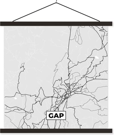Posterhanger incl. Poster 60x60 cm - Schoolplaat - Plattegrond – Gap – Stadskaart – Kaart – Frankrijk - Textielposter - Zwarte latten - Stadskaart