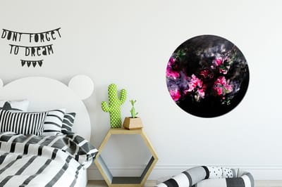 WallCircle® - Behangcirkel 50x50 cm - Muurstickers Bloemen - Kunst - Verf - Roze - Zwart - Muurcirkel woonkamer - Wandcirkel slaapkamer - Kamer decoratie zelfklevend - Muurdecoratie accessoires