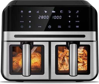 Dubbele Airfryer XXL 10L (2×5L) – 8 Automatische Programma’s – Grote Capaciteit voor 6 Personen – 2500W Krachtig Vermogen – Dual-Zone 2 Manden met SYNC Technologie – Gezond Frituren Zonder Olie – Met Kijkvenster – Zilver