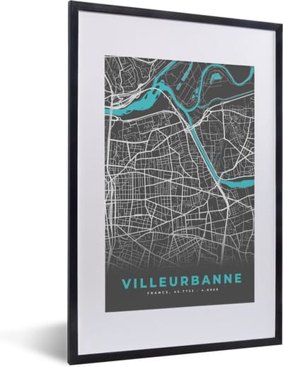 Fotolijst incl. Poster - Villeurbanne - Stadskaart - Kaart - Plattegrond - Frankrijk - 40x60 cm - Posterlijst