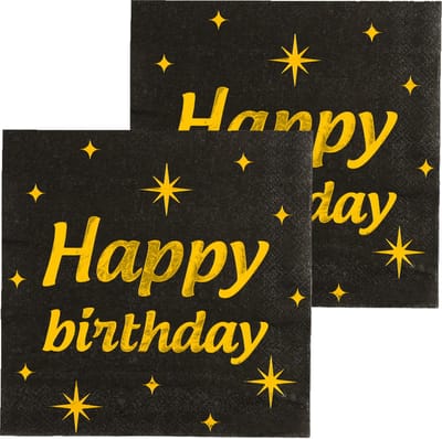 Paperdreams Verjaardag feest servetten - Happy Birthday - 32x stuks - zwart/goud - 33 x 33 cm
