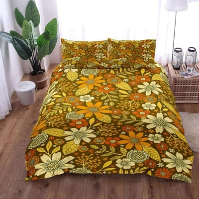 Parure de lit avec housse de couette et taies d'oreiller style rétro vintage des années 70, pour lit king-size, queen-size, double, double, double, simple 140x210