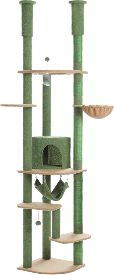 Kattenu DualTower - Hoge Plafond Krabpaal Voor Katten - Verstelbaar van 236-258 cm - Groen - Krabpaal tot plafond