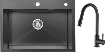 CECIPA max Spoelbak Antraciet 40x44CM - Met keukenkraan met uittrekbare uitloop - Spoelbak Met Afdruip – Spoelbakken Keuken - Met pop-up afval