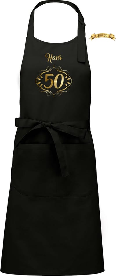 Naam cadeau - Hoera 50 - unisex keukenschort/barbecueschort - zwart - cadeau verjaardag - trouwdag - jubileum