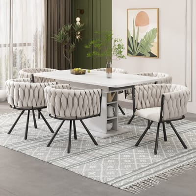 Eetkamerstoel - Set van 6 - Fluwelen kaptafelstoel, luxe draaistoel voor de slaapkamer, comfortabele draaistoel, vier metalen steunpoten - Beige