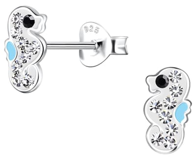 Joy|S - Zilveren zeepaardje oorbellen - 5 x 8 mm - kristal wit met blauw accentje- kinderoorbellen