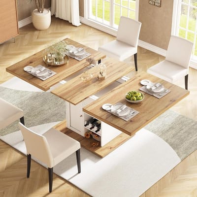 Uittrekbare Eettafel - Keukentafel - Gezellig Eten - Met Wijnrek - 110-140 cm - Wit