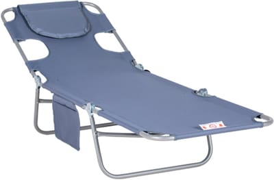 Openlucht opvouwbare ligstoel met leesvenster, hoofdsteun, ligstoel met 5-voudig verstelbare rugleuning, weerbestendige campingligstoel, belastbaar tot 120 kg, voor tuin, strand en zwembad, grijs