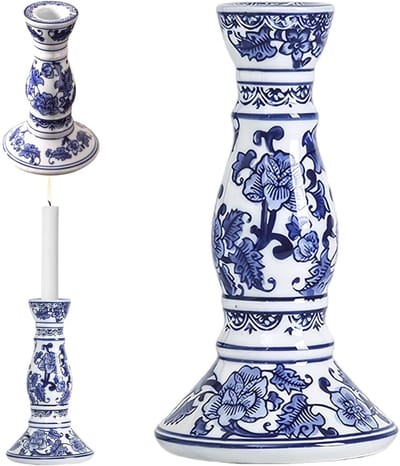 Keramische Kaarsenhouder - Bloemenpatroon Decoratie - Sfeerverhogend Gebruik - Handgemaakt Ambacht - 20 x 10 cm - Blauw Wit