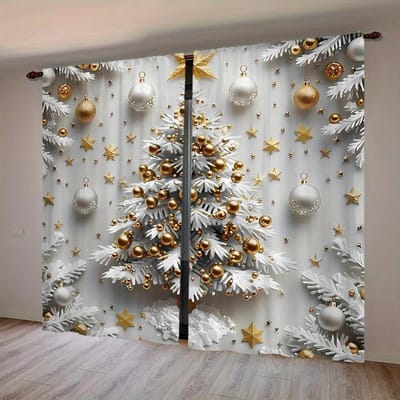 Lot de 2 rideaux de Noël de luxe avec motif bonhomme de neige et arbre pour salon, chambre, bureau, décoration intérieure, décoration de maison de vacances W60H60(CM)x2PCS&Grommet Top