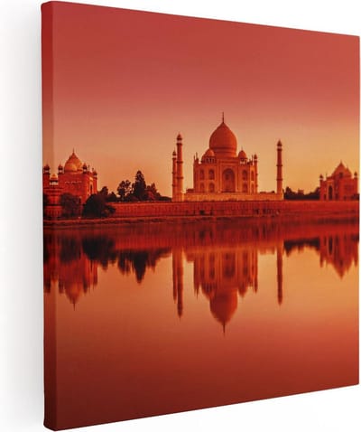 Artaza Canvas Schilderij Zonsondergang India - 30x30 cm - Klein - Wanddecoratie Taj Mahal - Muurdecoratie Skyline - Kamer Accessoires