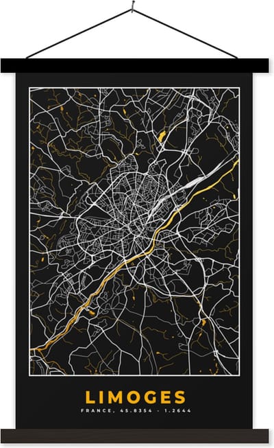 Posterhanger incl. Poster 40x60 cm - Schoolplaat - Plattegrond - Limoges - Stadskaart - Frankrijk - Kaart - Textielposter - Zwarte latten - Stadskaart