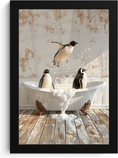 Poster in lijst - Fotolijst 20x30 cm - Posters - Vintage - Pinguïn - Badkuip - Schuim - Posterlijst zwart - Wanddecoratie badkamer - Muurdecoratie WC - Decoratieve accessoires - Toilet muur decoratie