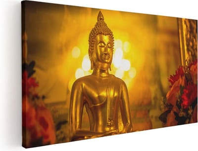 Artaza Canvas Schilderij Boeddha - 40x20 cm - Klein - Wanddecoratie Spiritueel - Muurdecoratie Woonkamer - Schilderijen Op Canvas Gouden Boeddhabeeld
