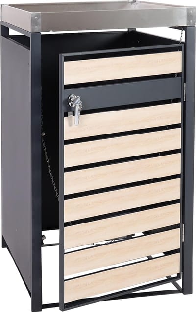 Afvalbakberging enkel met plantenbak MCW-J81, Containerberging, uitbreidbaar, 125x68x80cm metaal 31kg, antraciet ~ beukenhout look