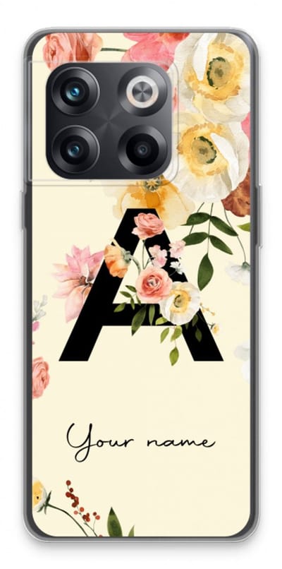 Gepersonaliseerd - Case Company® - Hoesje geschikt voor OnePlus 10T hoesje - Flirty Flowers Monogram - Soft Cover Telefoonhoesje - Bescherming aan alle Kanten en Schermrand