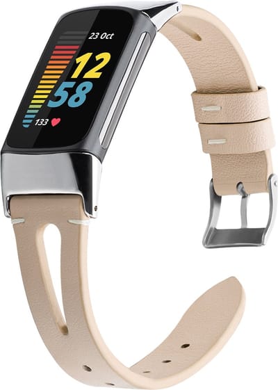 By Qubix - Compatible Fitbit bandje - Geschikt voor Fitbit Charge 5 - Fitbit Charge 6 bandje - PU leather - Beige - Horlogeband - smartwatchbandje