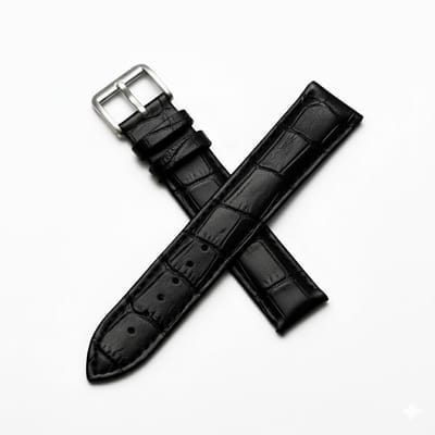 Zwart horlogebandje 12 mm geschikt voor dames en heren met krokodillenlook structuur en zilverkleurige gesp, smal vervangend horloge bandje met stiksel