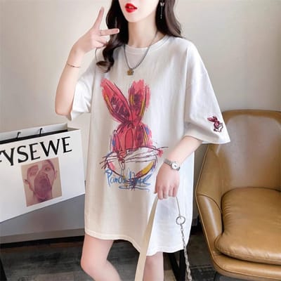 Korte Mouw T-shirt Dames Zomer Ronde Hals Pullover Billen Bedekkend Middellange en Lange Halve Mouw T-shirt Top XXXL white