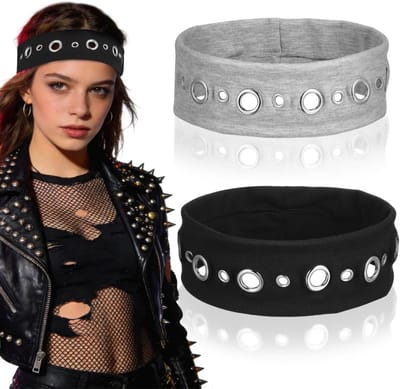 2 Stuks Punkstijl Elastische Hoofdbanden met Holle Klinknagels voor Muziekfestivals, Vintage Look en Comfortabele Haaraccessoires voor Dames