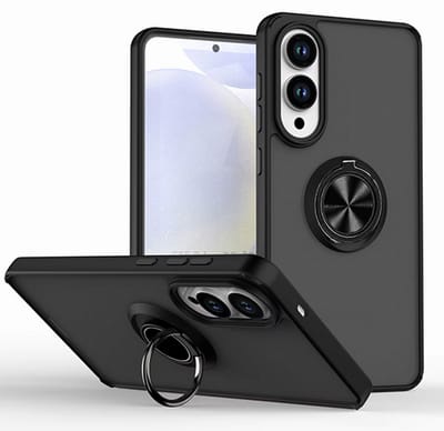 Casemania Hoesje Geschikt voor Samsung Galaxy S25 Edge - Zwart - Ring Stand Matte Armour Back Cover - Kickstand Backcover Telefoonhoes
