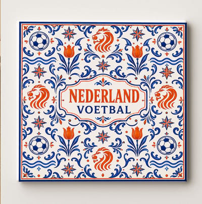Nederland Voetbal Decoratieve Keramische Tegel – Nederlandse Voetbalfan Wanddecoratie in Delfts Blauwe Stijl, Oranje Leeuw- en Voetbalthema Woondecoratie
