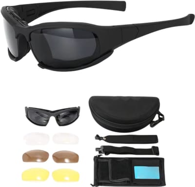 Tactische sportbril met verwisselbare lenzen – Gepolariseerde veiligheidsbril voor motorsport, fietsen en outdoor activiteiten –Zwart - 4 Lens Set