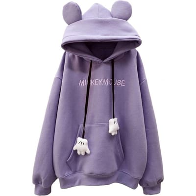 Hoodie Femme Automne Hiver Dessin Animé Cordon Oreilles Décor Poches Patch Épaisses Coupe Ample Manches Longues Pull Chaud Broderie Lettres M violet