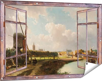 Gards Tuinposter Doorkijk Gezicht op Den Haag vanaf de Delftse Vaart in de Zeventiende Eeuw - Cornelis Springer - 120x80 cm - Tuindoek - Tuindecoratie - Wanddecoratie buiten - Tuinschilderij