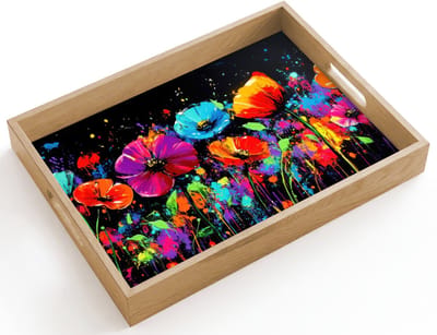 Dienblad hout 40x30 cm - Schootdienblad - Bloemen - Kleurrijk - Spetters - Borrelplank rechthoek - Plateau dienbladen