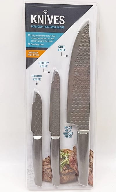KNIVES Diamond Texture Blade | 3-delig Messenset - Chef Mes | Kok's Mes | keuken, chef-kok, paring - extra scherp roestvrijstalen messen met antiaanbaklaag - zachte grip - essentiële collectie - RVS Zilver