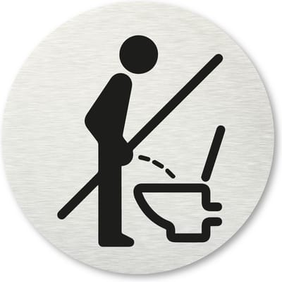 Pictogram Niet staand plassen - aluminum rvs look - deurbordje - 8,5 x 8,5 cm - zelfklevend - rond