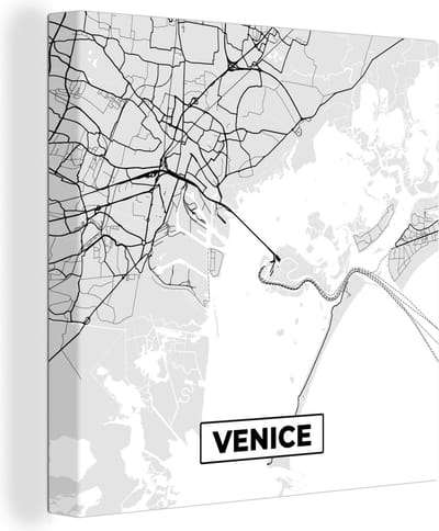 Canvas Schilderij Venetië - Stadskaart - Plattegrond - Zwart Wit - Kaart - 20x20 cm - Wanddecoratie
