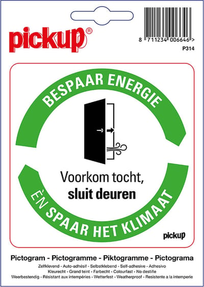 Pickup sticker Bespaar Energie spaar het klimaat: Deur sluiten, voorkom tocht- 10x10 cm
