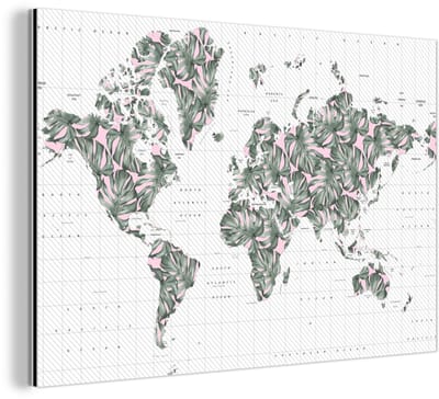 Aluminium schilderij 120x80 cm - Wanddecoratie metaal - Wereldkaart - Planten - Roze - Metalen muurdecoratie woonkamer - Decoratie industrieel - Foto op dibond - Industriële accessoires slaapkamer