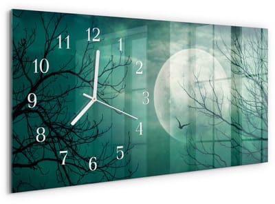 Tulup Wandklok - Maan Moderne Wandklok Glas - 60x30 cm - Turkoois Wandklok Glas Decoratie - Witte Handen - Rechthoekige Wandklok - Glazen Klok Met Print - Wandklok Glas Met Motief