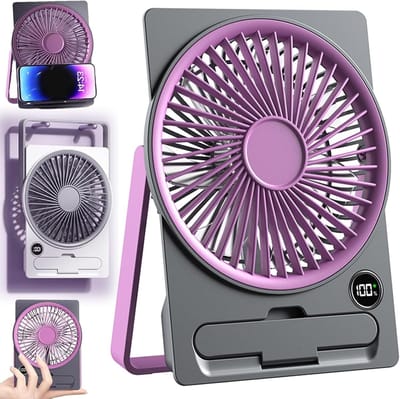 Mini Ventilator - USB Oplaadbare Ventilator - 180° Verstelbaar - 6 Snelheden - LCD Display - Met Telefoonhouder - Stille Werking - Snel en Krachtig - Paars