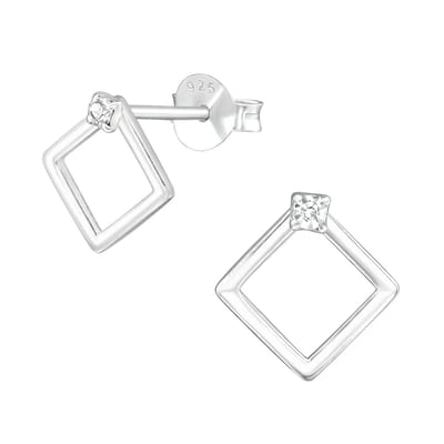 Joy|S - Zilveren ruit oorbellen - 9 mm - met kristal - vierkant oorknoppen